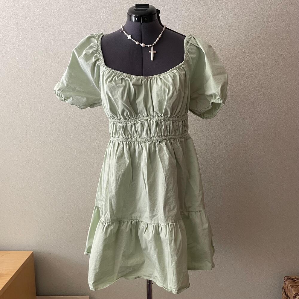 Sage Green Cotton Tired Puff Sleeve Dress Cottagecore Prairie Boho | Size L